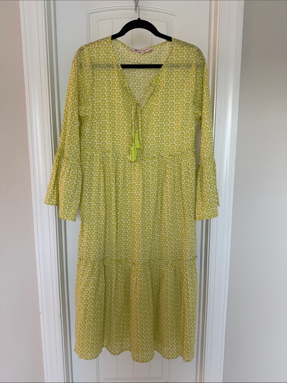 Ro's Garden Sonia Lime Green Block Print Tiered Midi Dress Size Medium